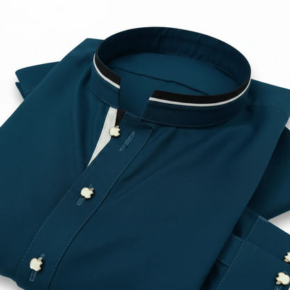 Teal Blue Color Premium Shalwar Kameez Design with Balck and white Contrast